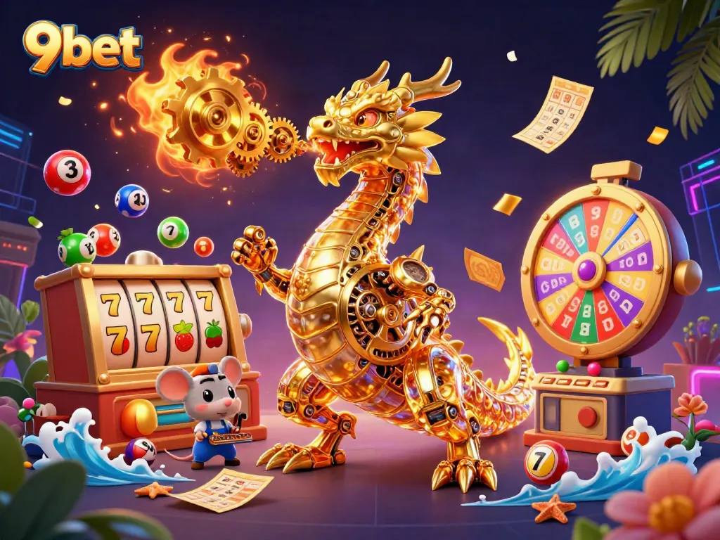 Experience thrilling slots and lottery excitement with 9bet in this vivid 3D illustration.