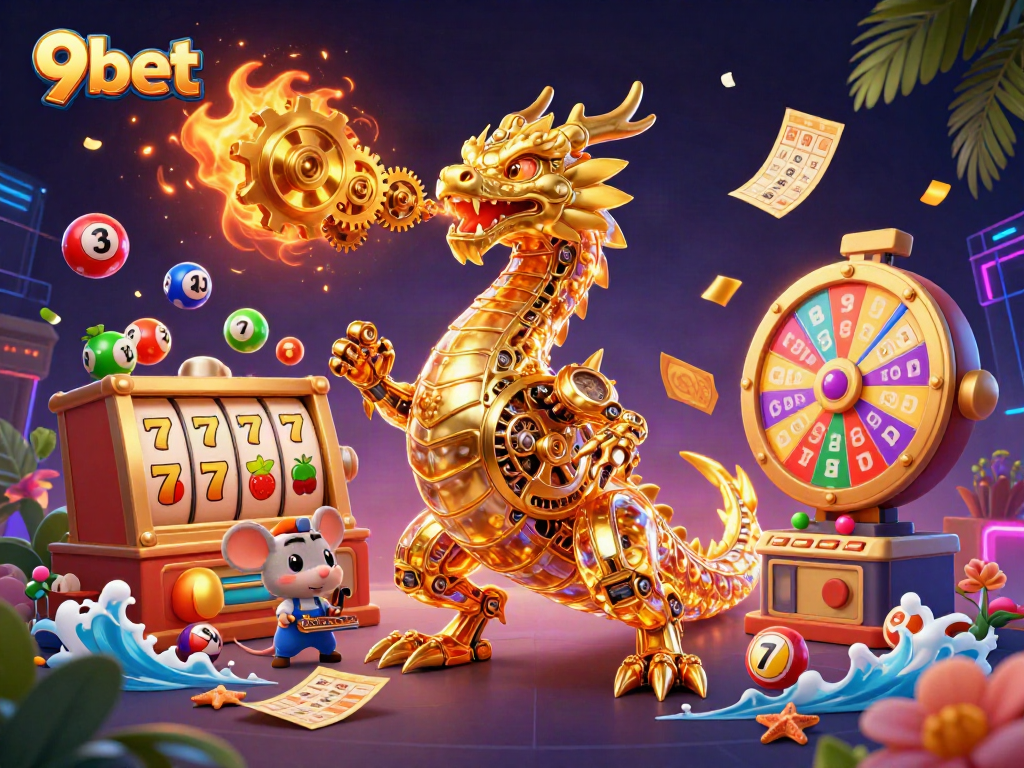 Experience thrilling slots and lottery excitement with 9bet in this vivid 3D illustration.