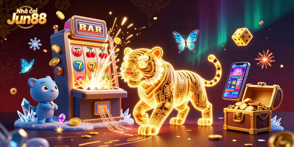 Experience thrilling games at Nhà cái Jun88 with vibrant casino elements and animated characters.