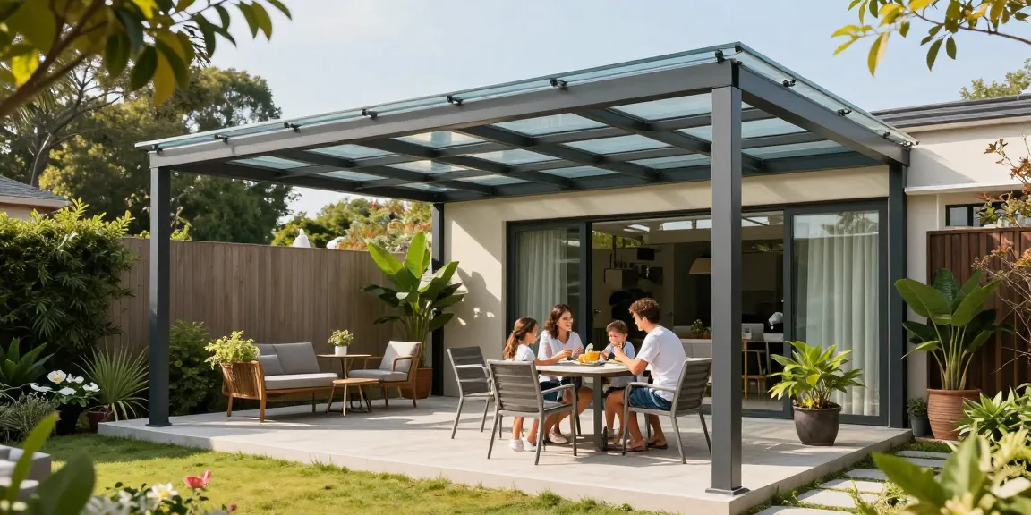 Freistehende Terrassenüberdachung mit Familie im Garten genießen Zeit zusammen