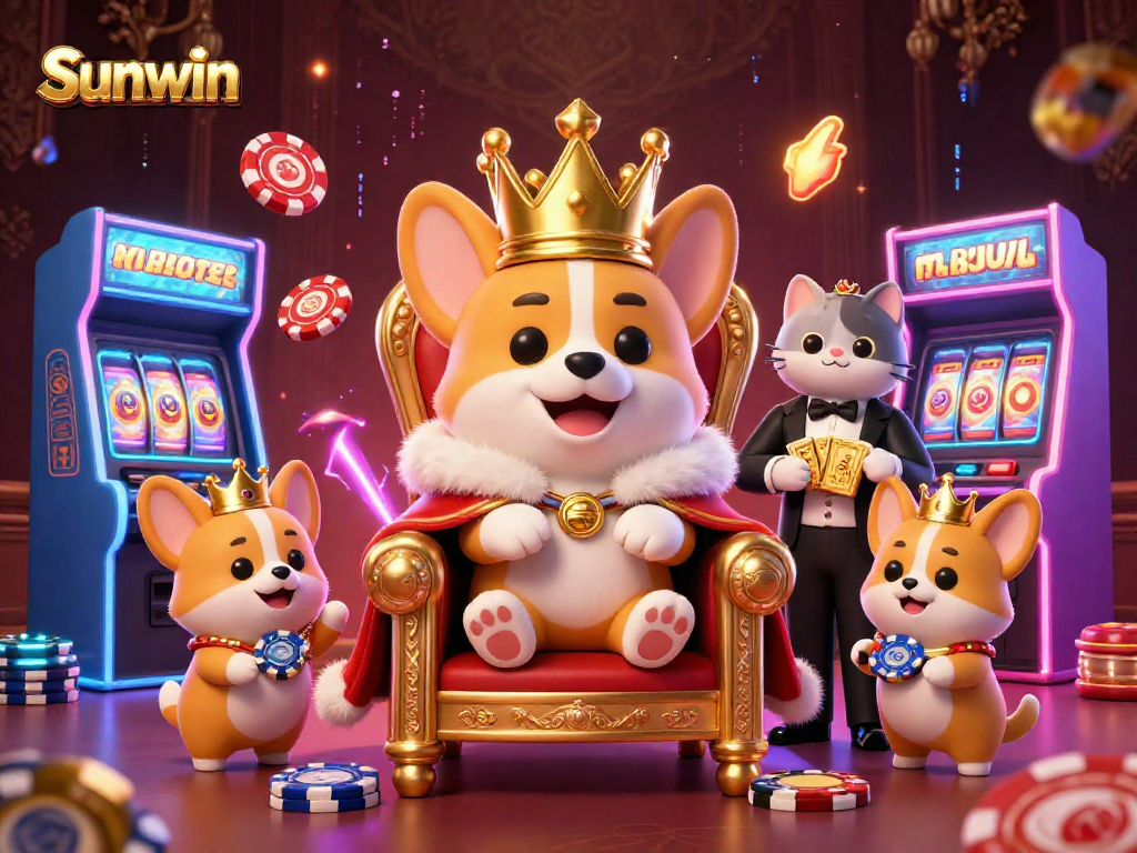 Experience the vibrant world of Sunwin with a royal corgi enjoying a jackpot moment at a lively casino.