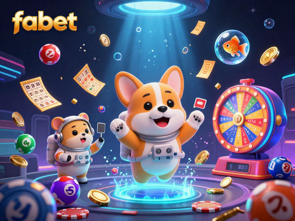 Engage with FABET's vibrant casino world where an astronaut corgi floats among colorful lottery elements and golden prizes.