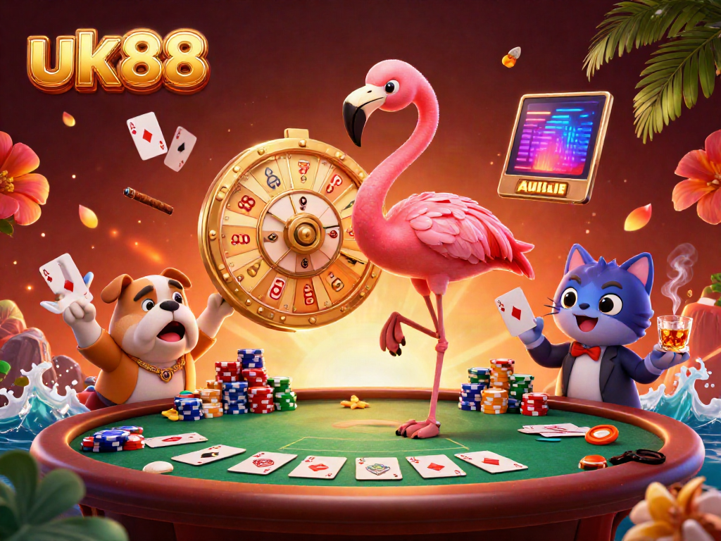 Join the excitement at uk88 with a lively game show scene featuring a flamingo, bulldog, and prizes!