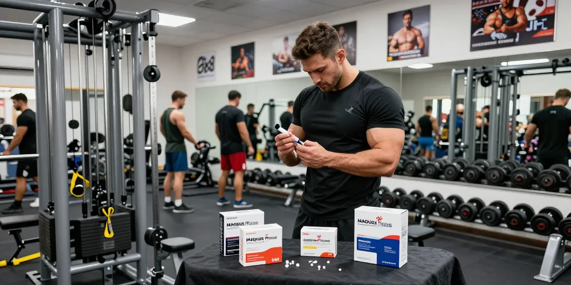 Szene im Anabolika-Shop mit einem Athleten, der sicher Steroide im Fitnessstudio injiziert, umgeben von Trainingsgeräten und renommierten anabolen Produkten.