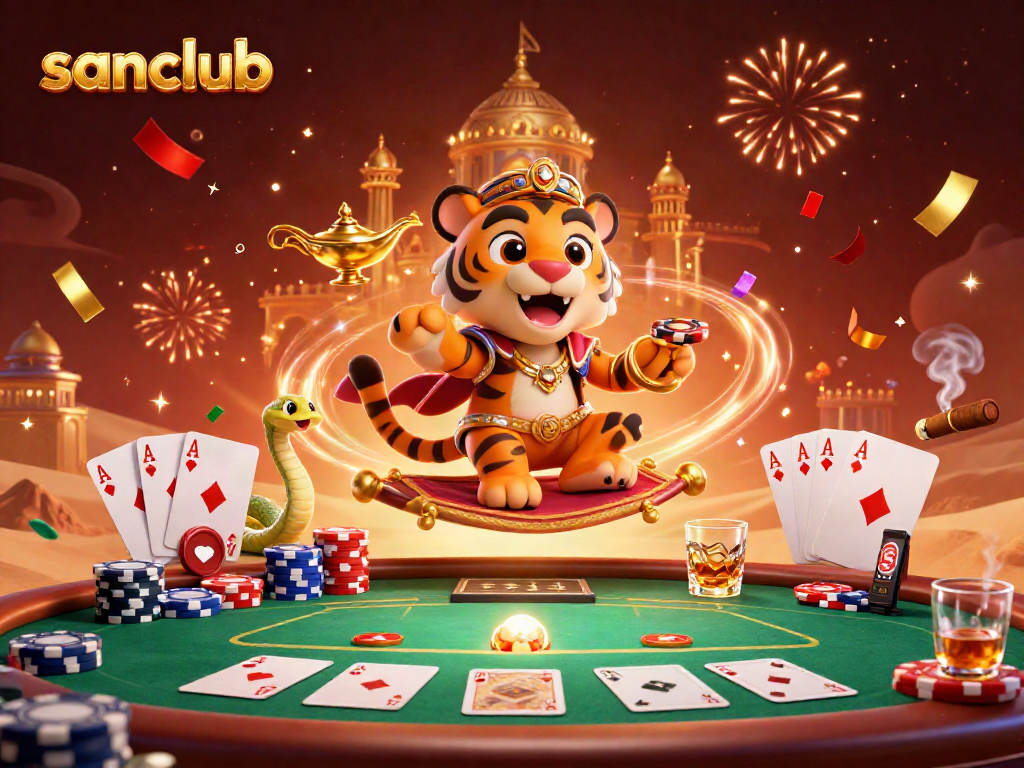 Experience the thrill of sanclub gaming with this vibrant illustration of an Arabian-themed casino adventure.