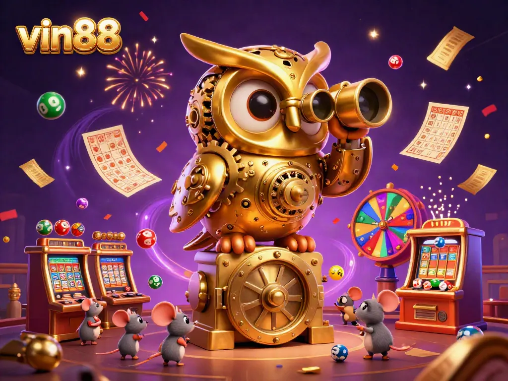 Experience the thrills of vin88's casino world with a magical 3D owl overseeing vibrant gameplay and exciting rewards.