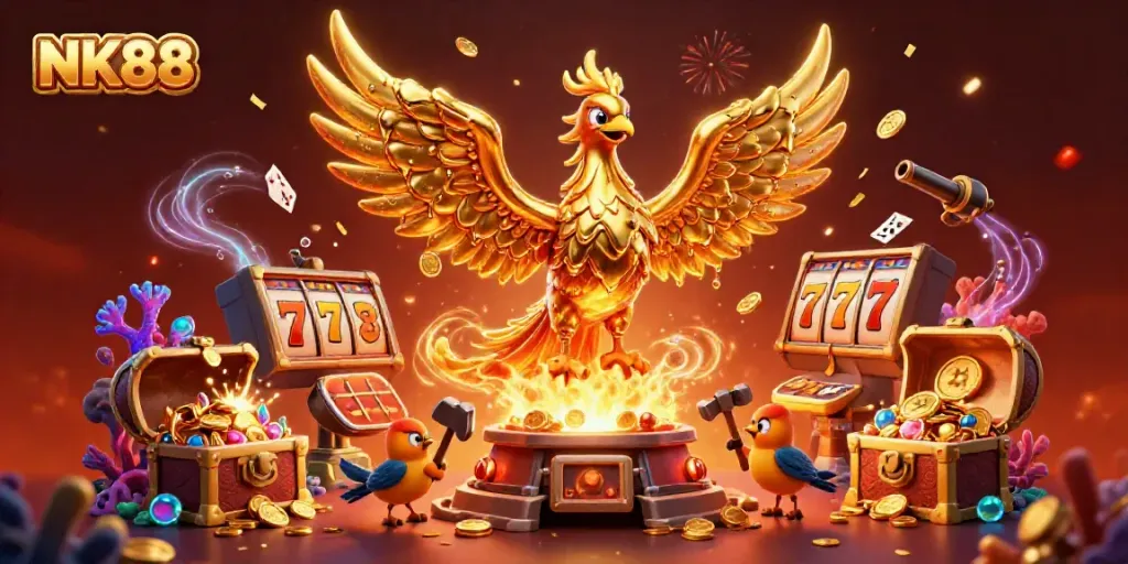 Experience the golden phoenix at NK88, surrounded by casino treasures and vibrant gaming elements.