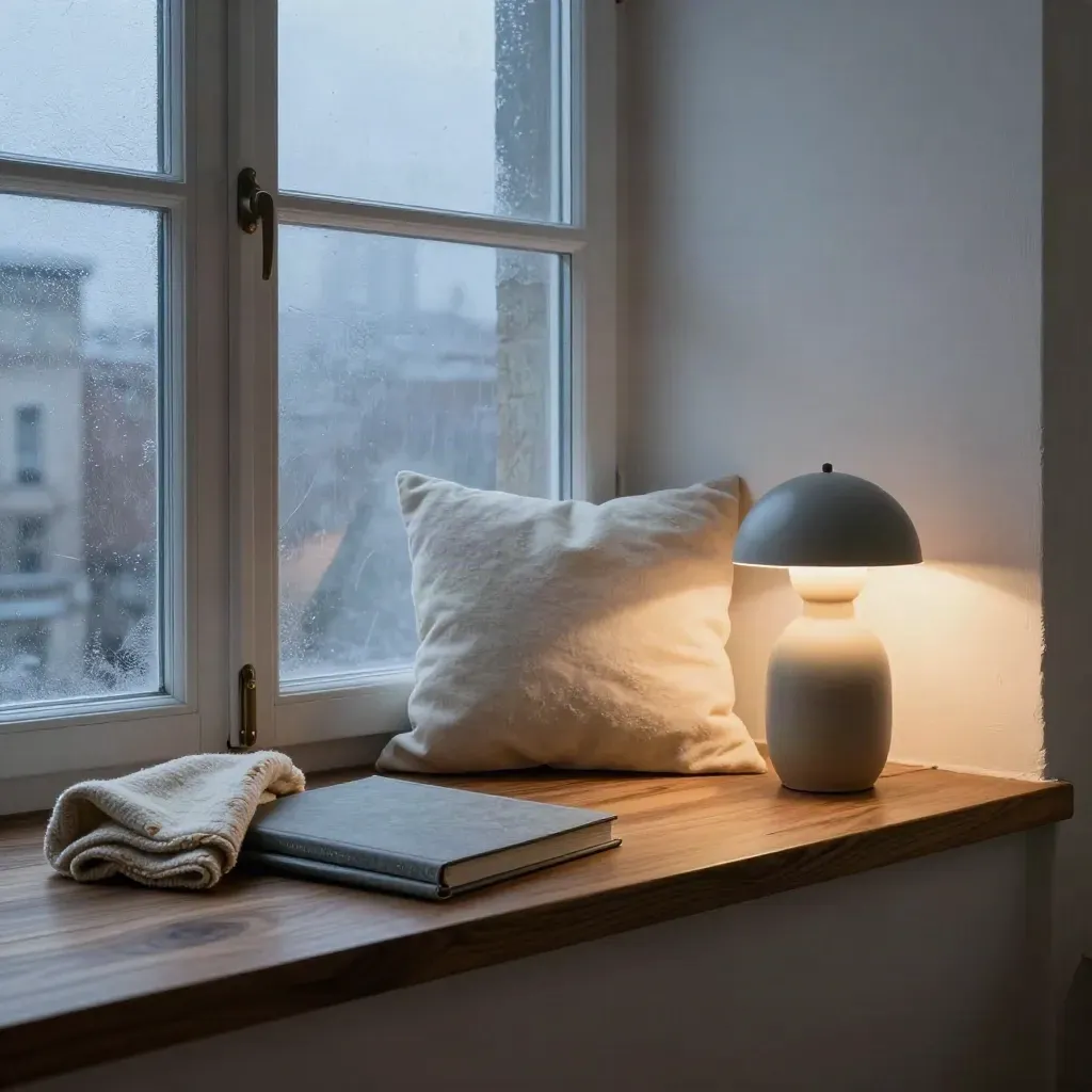 Fensterbank mit Decke, Kissen, Lampe und Rentenordner im blauen Winterdämmerlicht.
