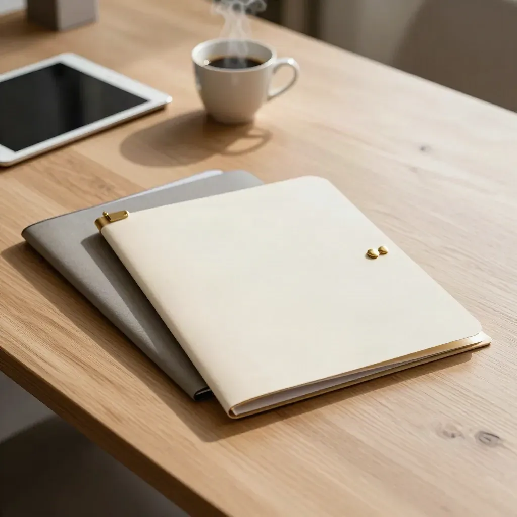 Schreibtisch mit drei Ordnern, Tablet, Tasse und Goldclip in warmem Bürolicht.