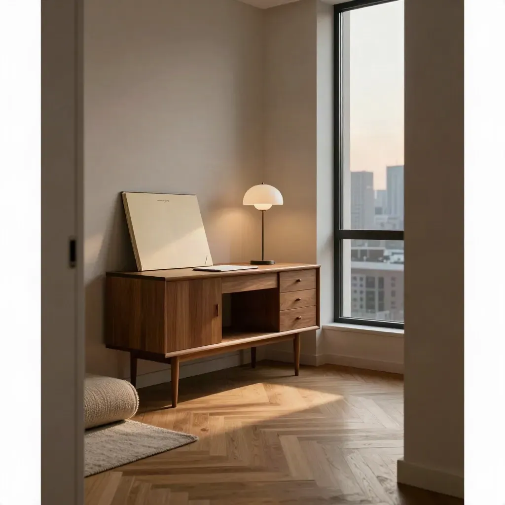Ruhiger Home-Office-Winkel mit Rentenordner, Stehlampe, Teppichrolle und Skyline am Fenster.