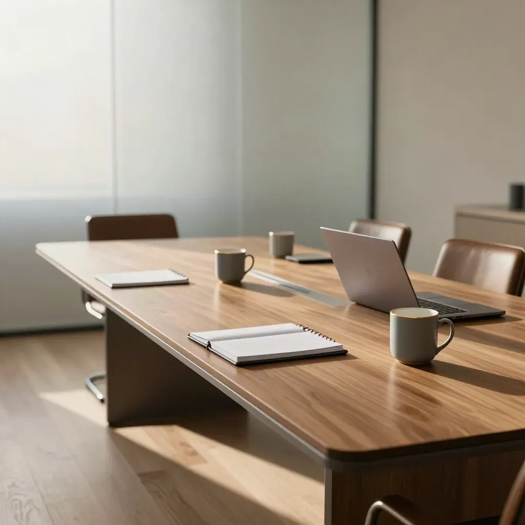 Leerer Beraterraum mit langem Tisch, geschlossenen Laptops und Tassen vor dem Teamreview.