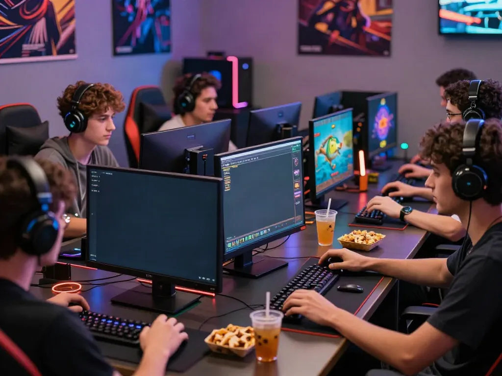 Exciting scene of friends enjoying online gaming at Uk88 platform with vibrant atmosphere.