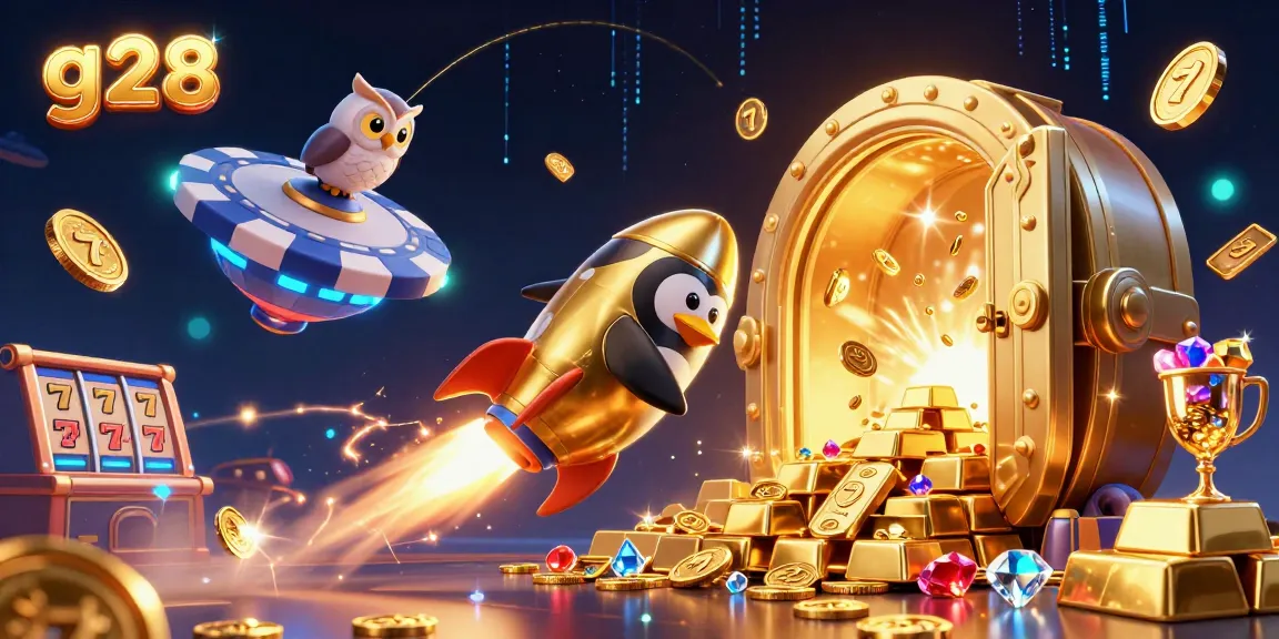 Experience g28 with a golden penguin soaring to a casino-themed space station amid treasure and excitement.