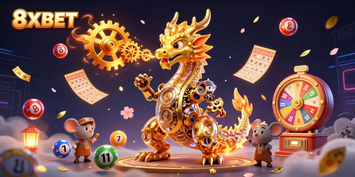 Experience the excitement at 8XBET with vibrant lottery balls and a golden dragon in a chaotic casino scene.