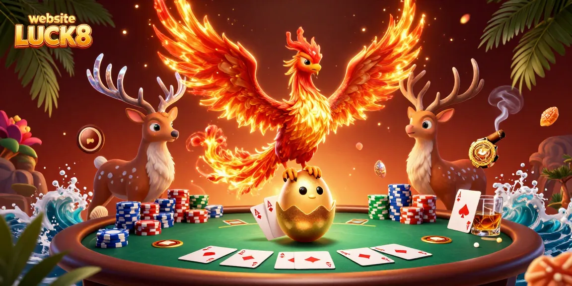 Engage with the exciting world of website LUCK8 featuring a phoenix and a poker scene.