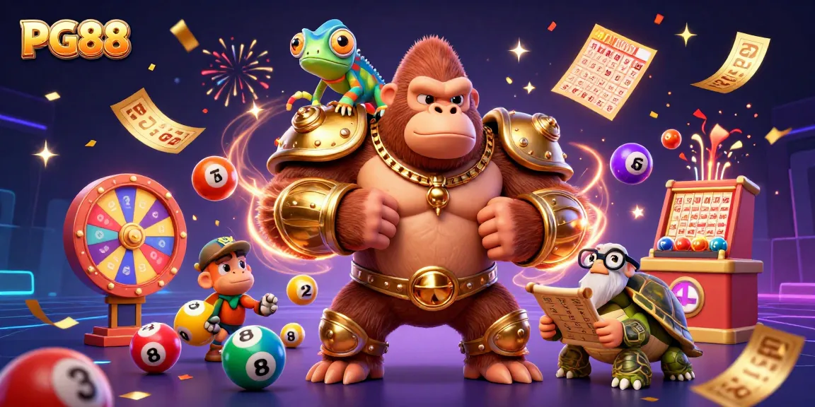 Play exciting games at PG88 with the gorilla king, chameleon, and tortoise in a vibrant casino setting.