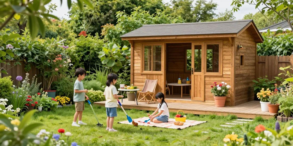 Gartenhaus Holz in einem blühenden Garten mit Familie beim Spiel.