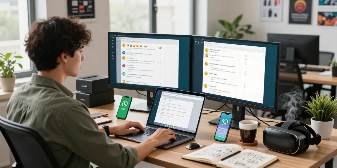 Professional using WhatsApp電腦版 on dual monitors with vibrant setup in a modern workspace.