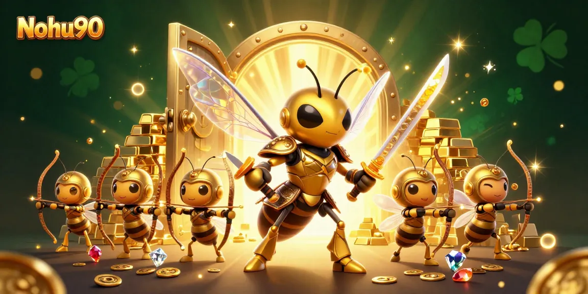 Nohu90 dazzles with stunning gameplay, featuring a vibrant 3D golden hornet hero and treasure, evoking excitement.