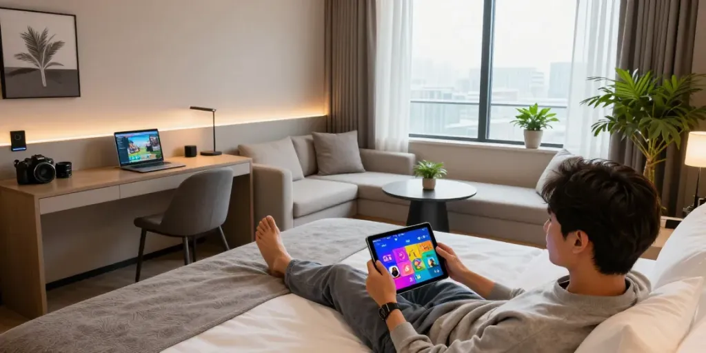 Guests enjoying the rokok88 apk experience in a modern hotel room with game entertainment and stylish decor.