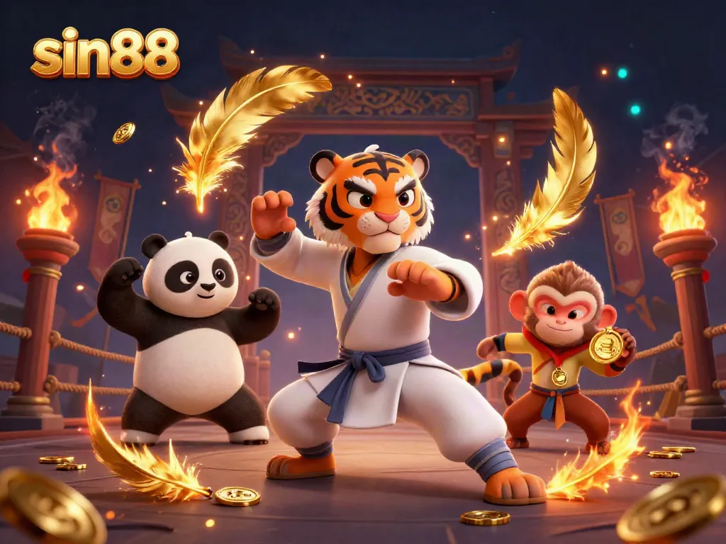 Engage with sin88 through a dynamic 3D illustration featuring a kung fu tiger master, a panda disciple, and a playful monkey amid a vibrant gambling atmosphere.