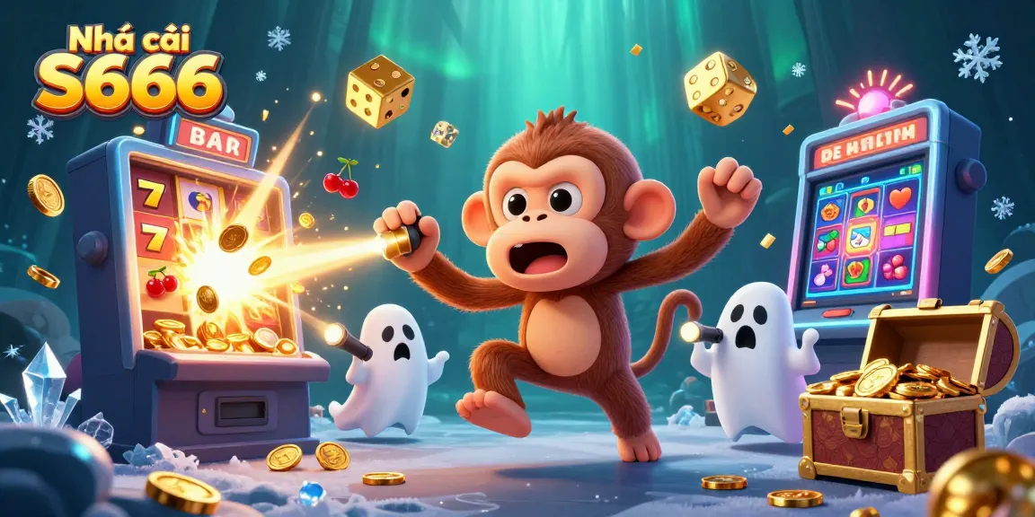 Engage with Nhà cái S666 in a vibrant 3D casino scene featuring a playful poltergeist monkey and a ghost-hunter puppy.