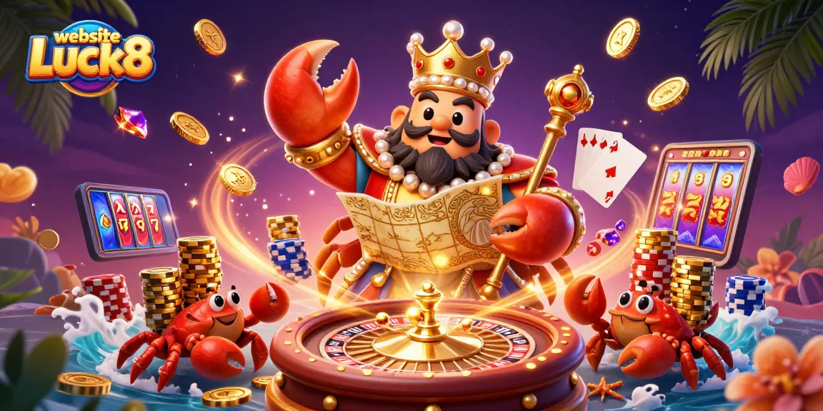 Experience the vibrant online gaming world, featuring the website Luck8 with a golden crab emperor and dazzling casino elements.