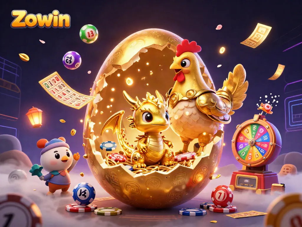 Win big with Zowin as a golden dragon emerges from a golden egg amidst colorful gaming elements.
