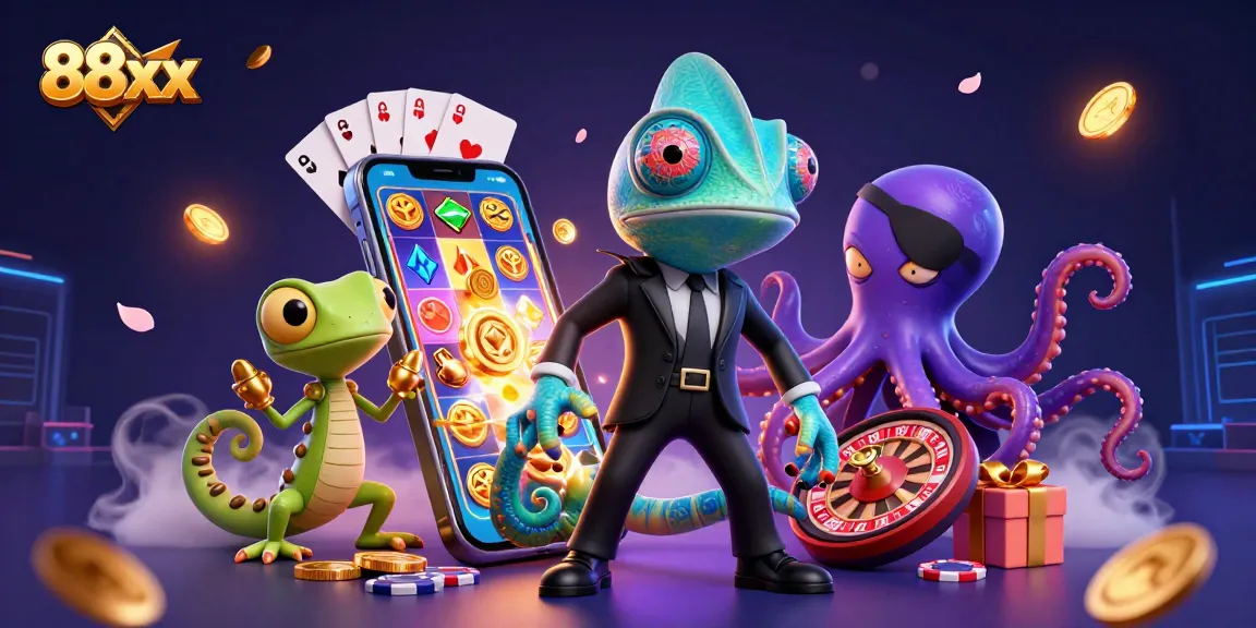 Experience the excitement of 88xx casino with vibrant gaming elements and colorful characters in a dynamic scene