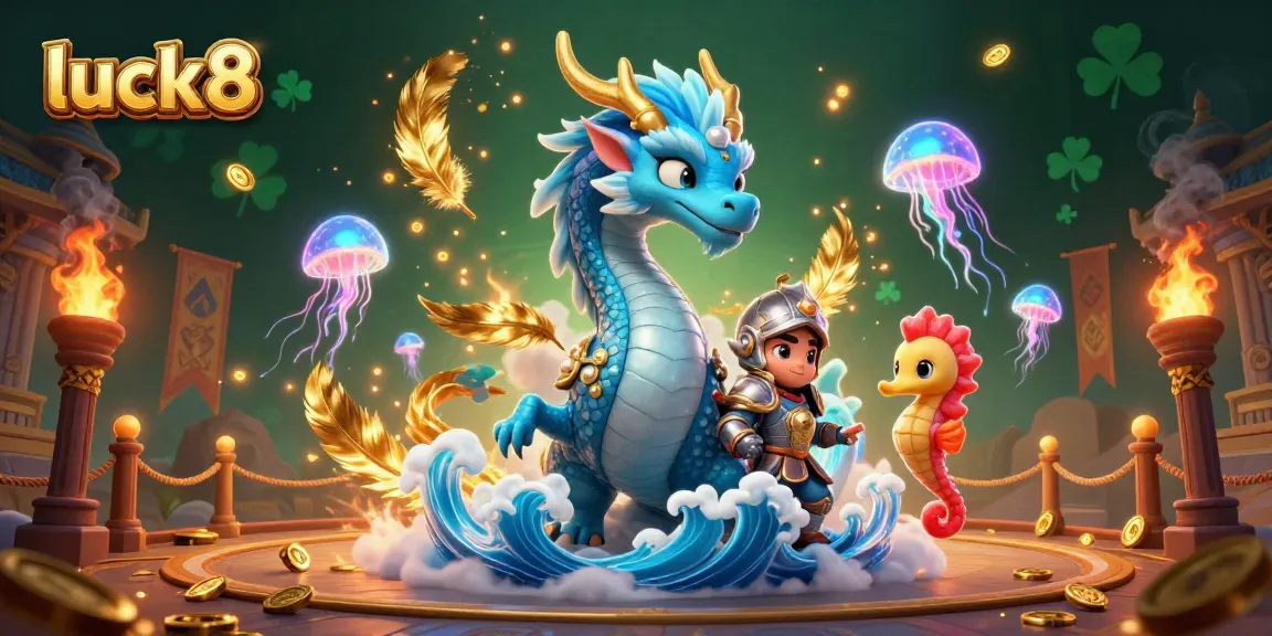 Experience the excitement of luck8 with a vibrant illustration of a water dragon and seahorse knight in a dynamic casino scene.