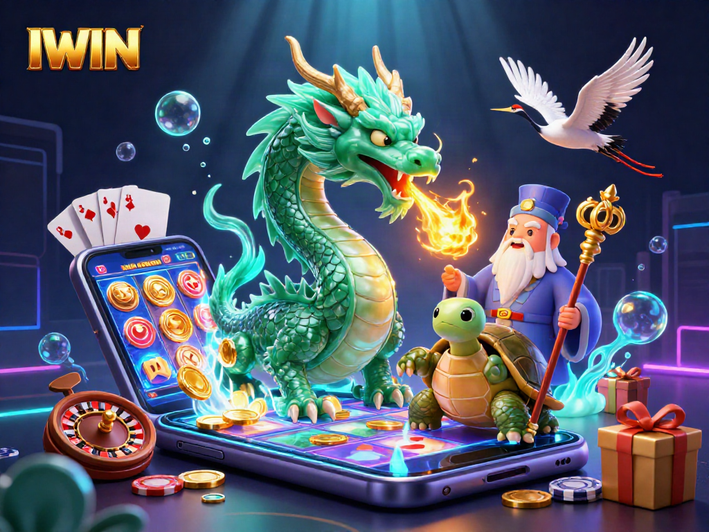 IWIN brings fortune with a jade dragon and turtle sage in a vibrant casino scene.