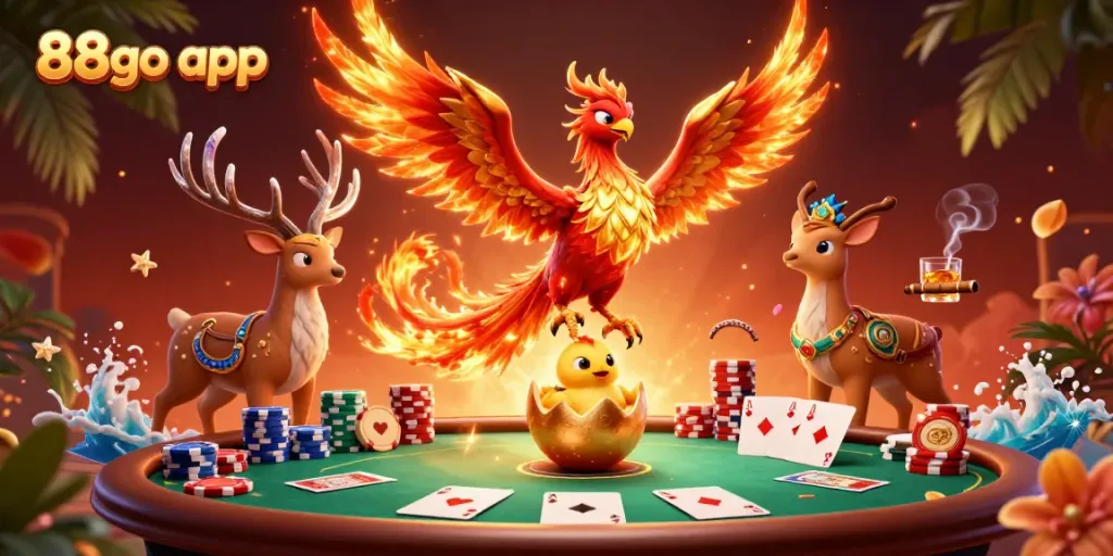 Engage with the 88go app in an ultra-detailed casino scene featuring vibrant characters and dynamic elements.