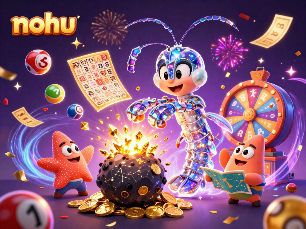 Nohu players enjoy an exciting casino adventure with vibrant lottery symbols and gold coins.