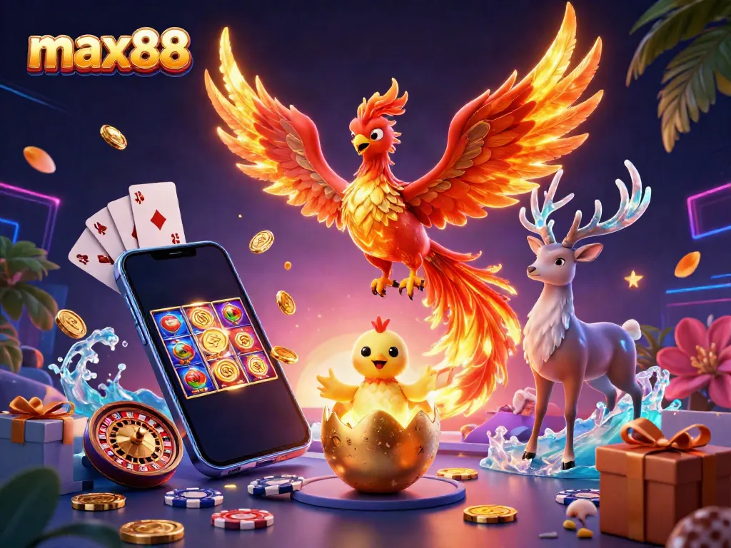 Experience exciting gaming adventures with max88 featuring a phoenix and casino elements in a vibrant scene.