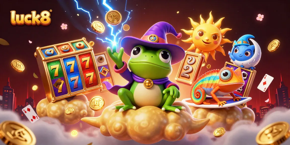 Engage with luck8's vibrant gaming scene featuring a wizard frog, chameleon, and dynamic casino elements.