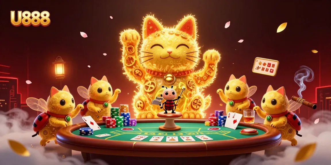 Engage with U888 gaming excitement, featuring a lucky cat and poker scene in vibrant detail.