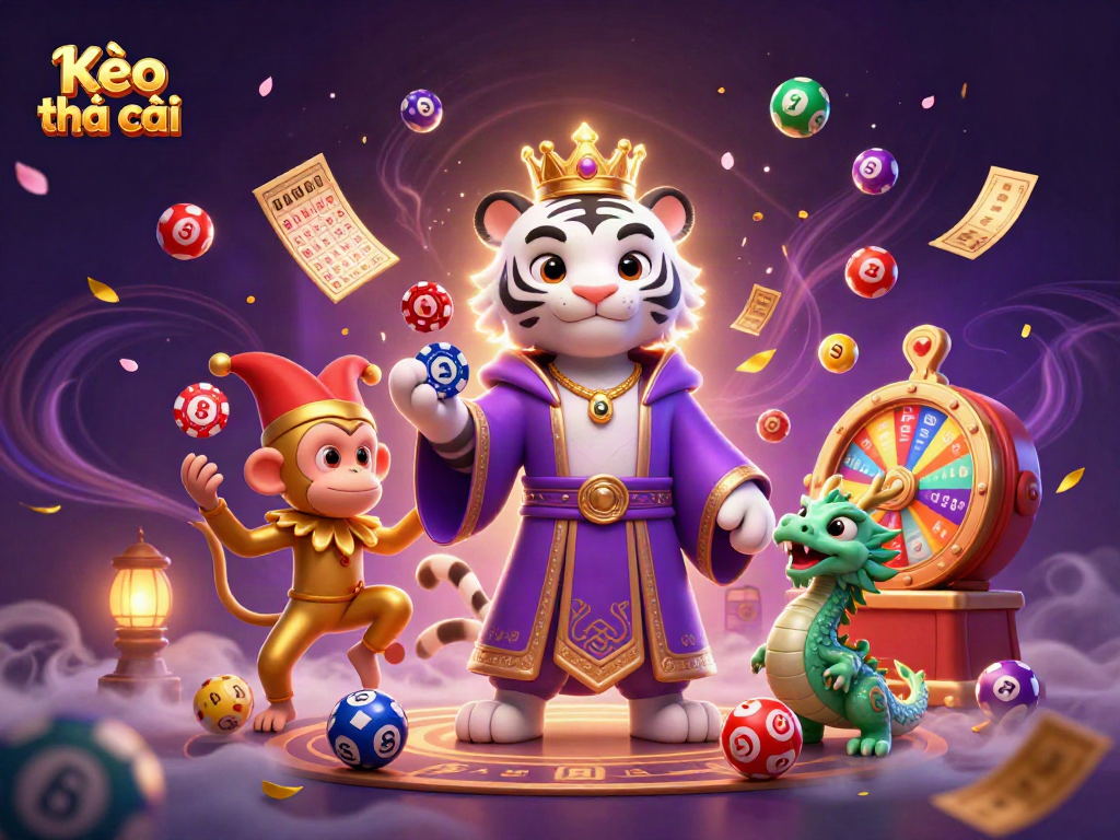 Kèo nhà cái showcasing vibrant lottery elements with a whimsical casino theme, highlighting exciting game dynamics.