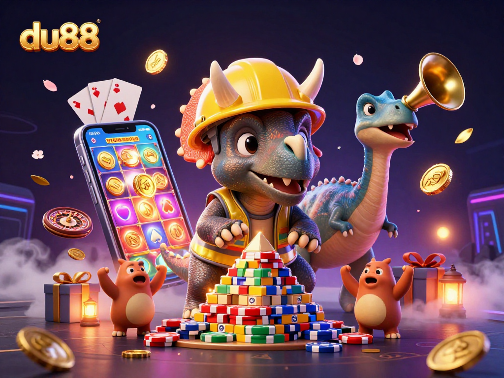 Experience the excitement of du88 casino with joyful characters building poker chip pyramids.