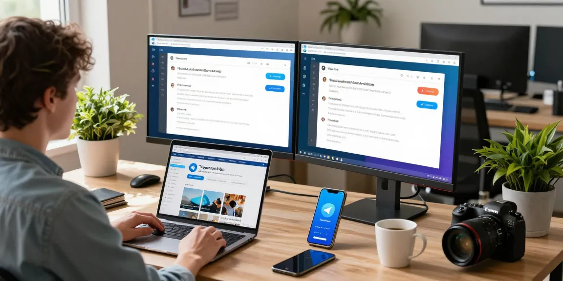 View of a modern workspace where a user configures Telegram中文 settings on dual monitors amid a vibrant office environment.