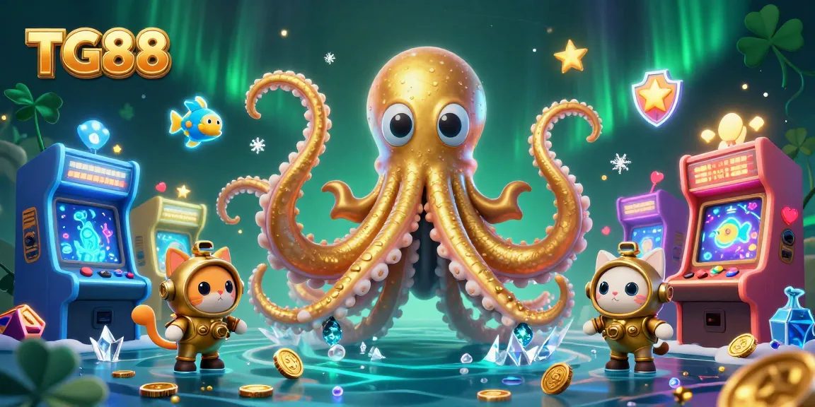 Experience big wins with TG88's adventure featuring a colossal kraken and diving cat in a vibrant 3D casino.