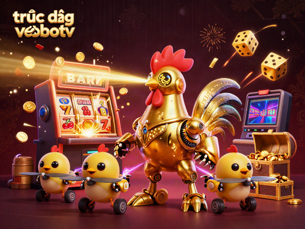 Experience the thrill of trực tiếp bóng đá vebotv with a vibrant 3D illustration featuring a golden rooster robot amidst a jackpot explosion.