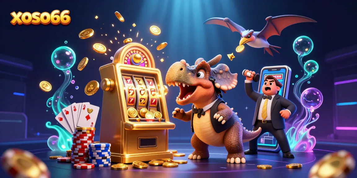 Xoso66 showcases an exciting scene with a dinosaur at a slot machine amid flying coins in this vibrant casino illustration.