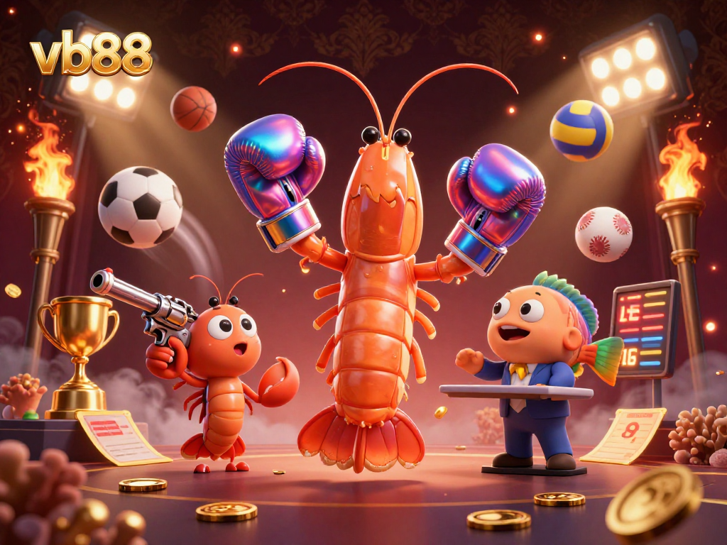 Experience thrilling action with vb88 in a vibrant 3D gambling scene featuring sports elements and dynamic characters.