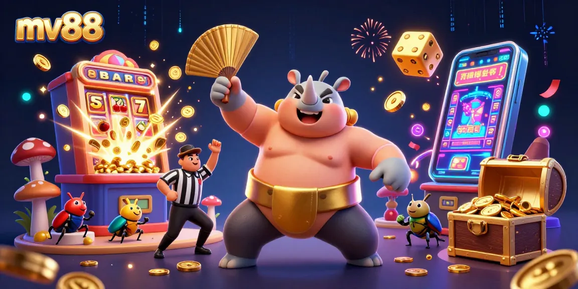 Experience thrilling gameplay with mv88 as a beetle champion and a cricket referee surround the jackpot slot machine.