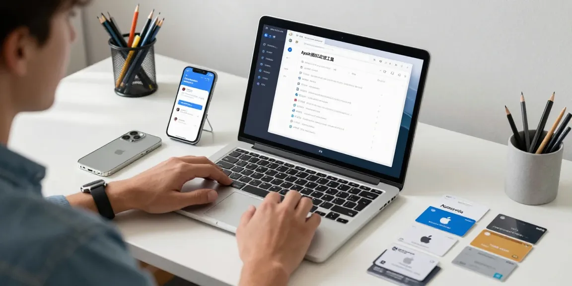 使用迅果 Apple批量处理工具管理多个Apple ID的用户在现代办公桌前高效工作,桌面上有软件界面和礼品卡,展示专业与高效。