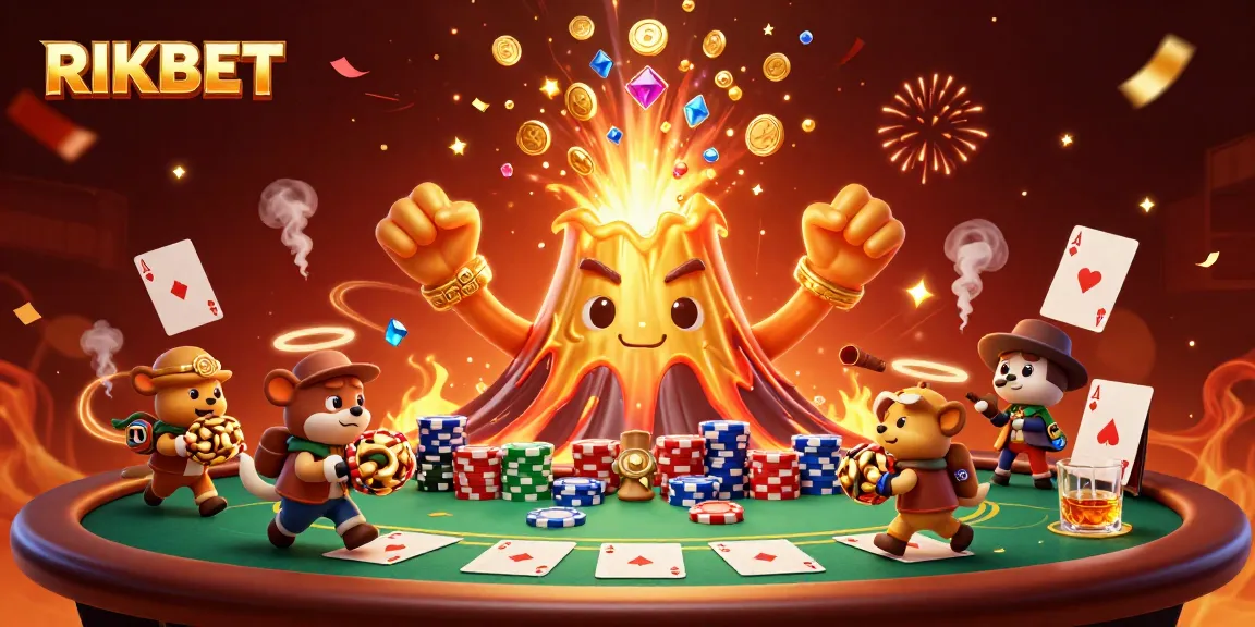 Experience the thrill of RIKBET with a festive and vibrant casino-themed illustration featuring a golden volcano and treasure-chasing animals.