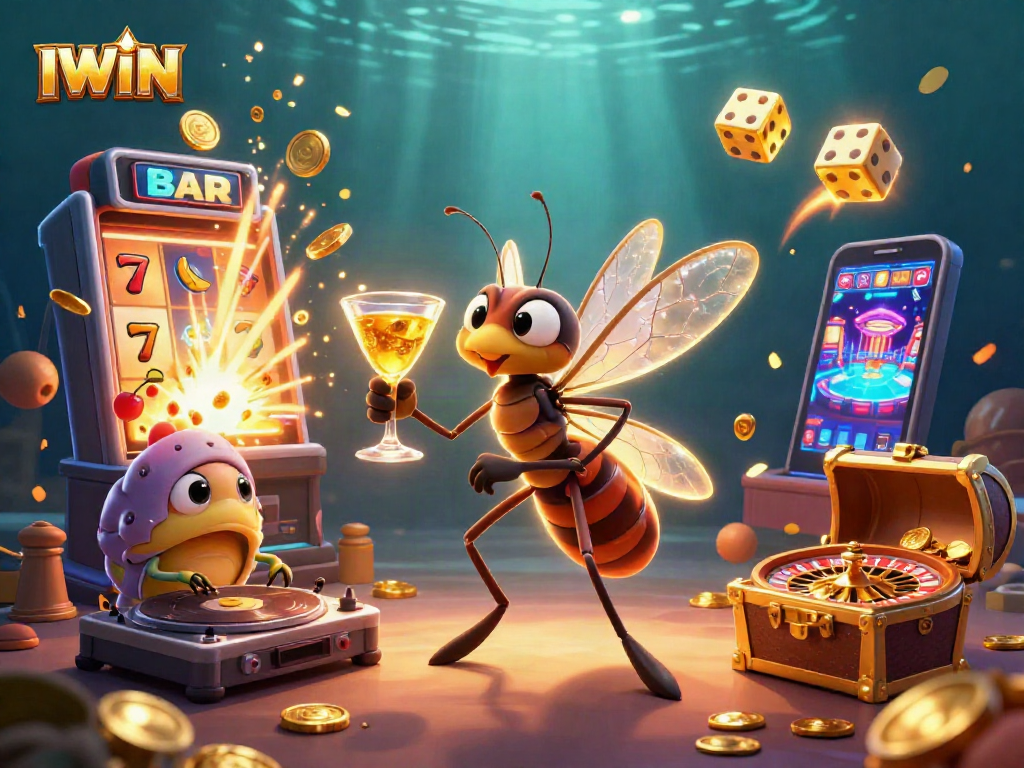 IWIN casino mascot celebrates with a cocktail, surrounded by vibrant gaming scenes and thrilling action