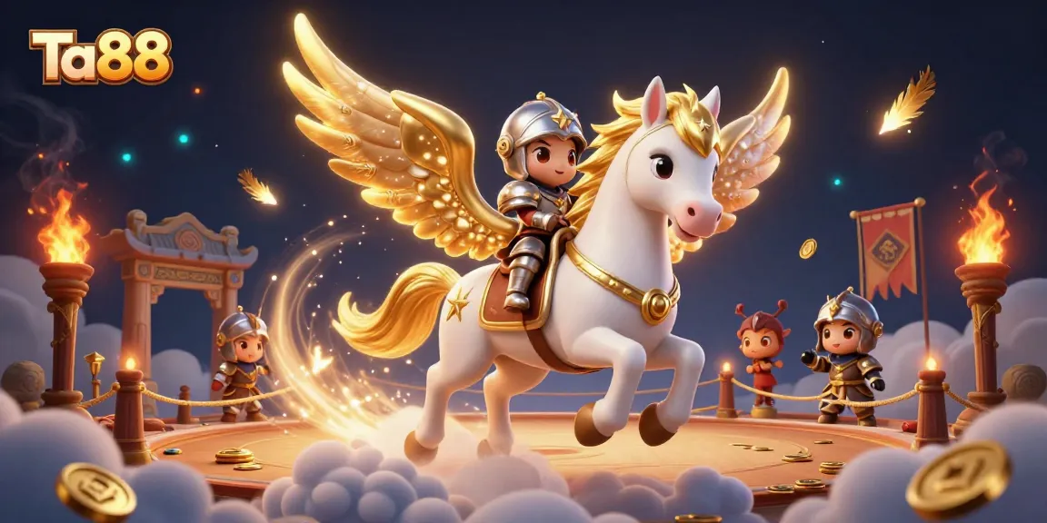 Experience Ta88 excitement in a vibrant 3D illustration of gambling adventure with horse and knight.