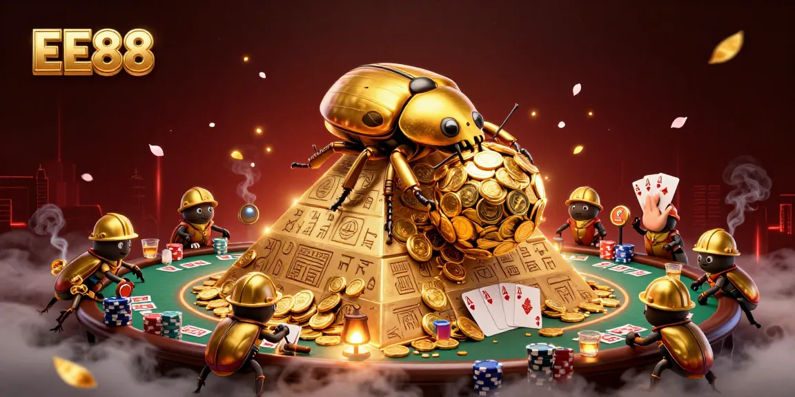 EE88 showcases a golden dung beetle rolling coins in an exciting casino scene full of poker elements.
