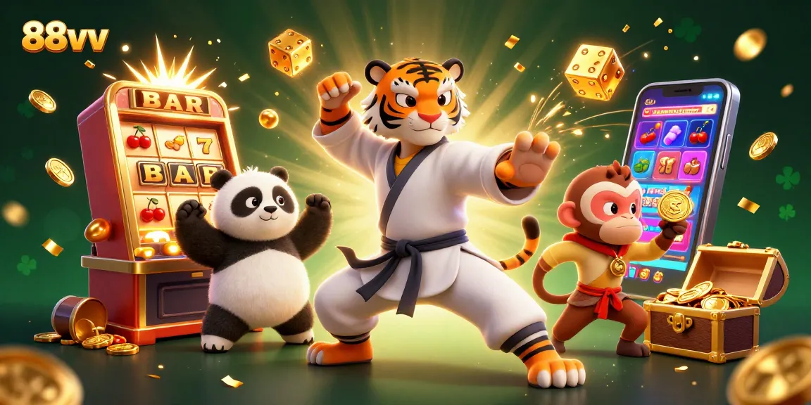 Experience big wins with 88vv at the vibrant casino, featuring a kung fu tiger and exciting slot machine action.